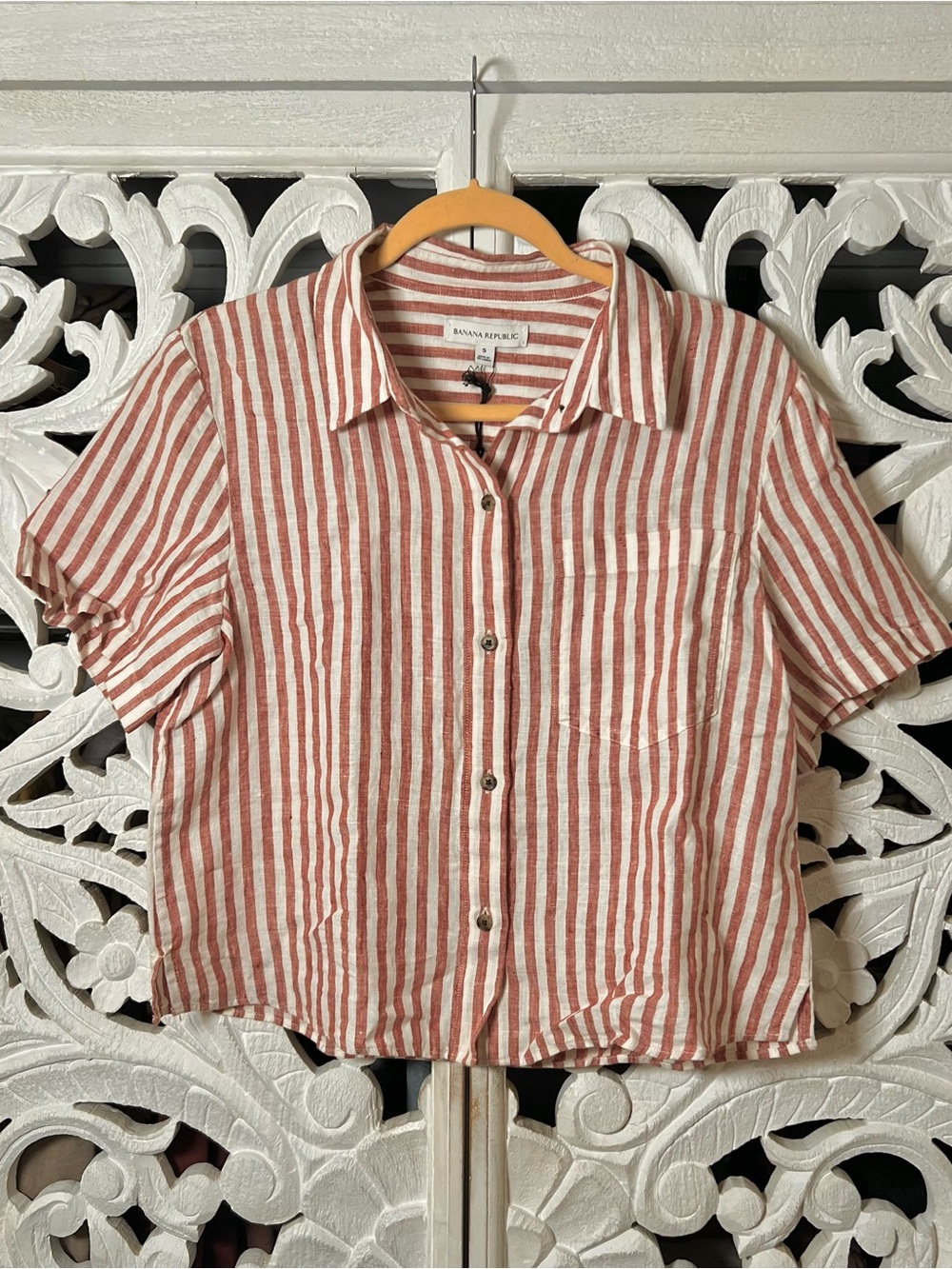 Boxy Linen Short Sleeve Button Down Red Striped Shirt